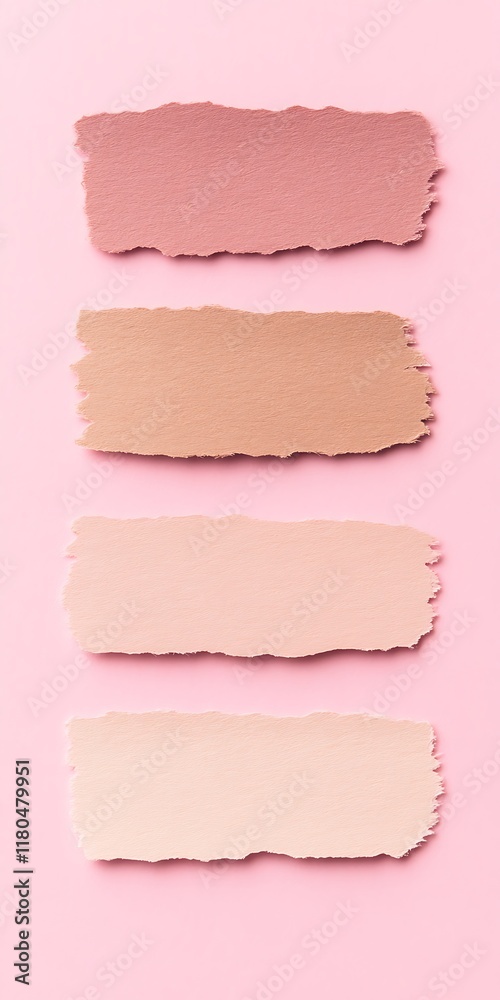 Four torn paper swatches in varying shades of pink and beige on a pink background. Four torn paper swatches in varying shades of pink and beige on a pink background.