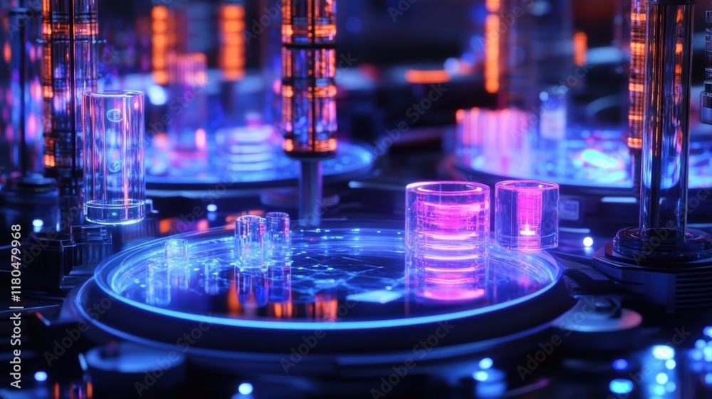 Futuristic laboratory equipment processes samples in glass cylinders, emitting a vibrant, colorful glow, suggesting advanced scientific research or analysis Futuristic laboratory equipment processes samples in glass cylinders, emitting a vibrant, colorful glow, suggesting advanced scientific research or analysis