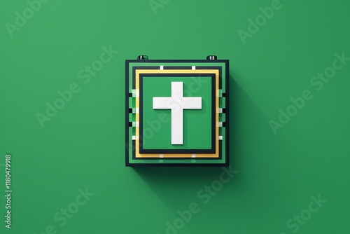 a close up of a green and white cross on a green wall