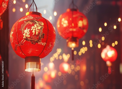 Chinese New Year, red lanterns hanging in the streets of the old town at night, blurred background, warm lighting, high-resolution photography, stock photo style.