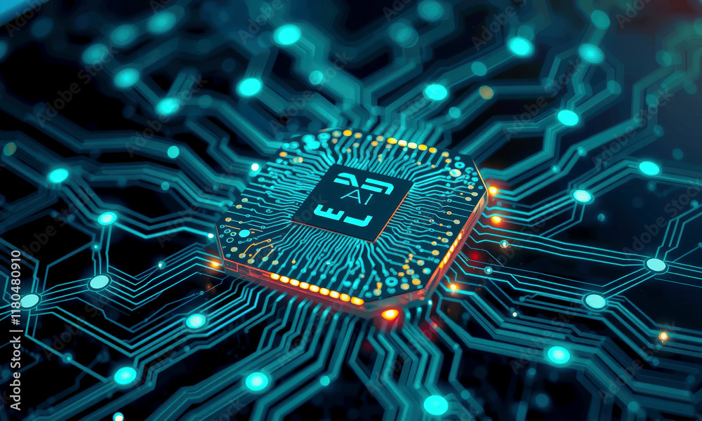 glowing AI chip processor is integrated into complex circuit board, showcasing advanced technology and innovation in computing. intricate design highlights future of artificial intelligence glowing AI chip processor is integrated into complex circuit board, showcasing advanced technology and innovation in computing. intricate design highlights future of artificial intelligence
