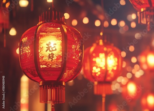 Chinese New Year, red lanterns hanging in the streets of the old town at night, blurred background, warm lighting, high-resolution photography, stock photo style. photo