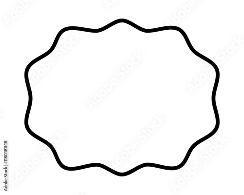 Oval frame with wavy edges. Geometric shape with scallop borders. Blank text box, speech bubble, tag or label isolated on white background. Vector outline illustration.