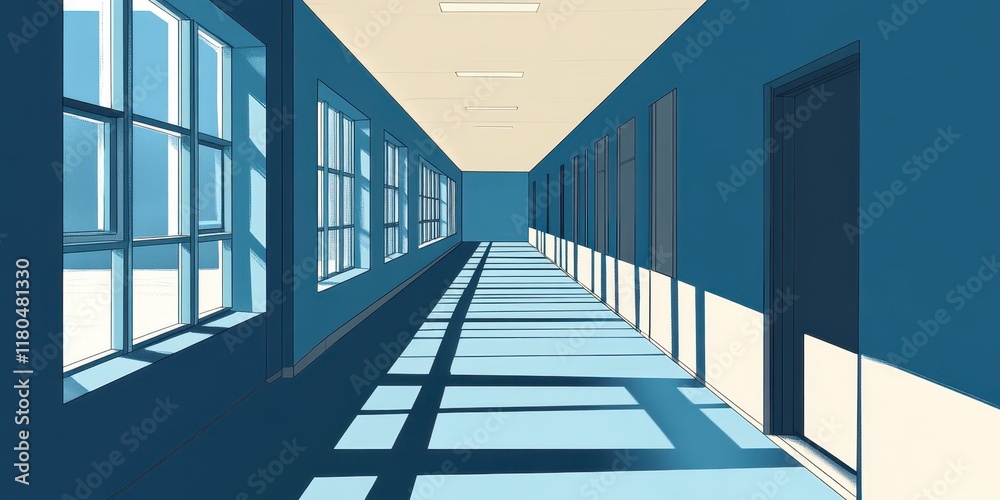 Fototapeta premium Sunlit Corridor With Windows And Doors In Blue Building