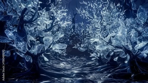 A forest made entirely of shimmering glass trees and leaves. The forest reflects soft moonlight, creating dreamy patterns of shattered light through the branches.