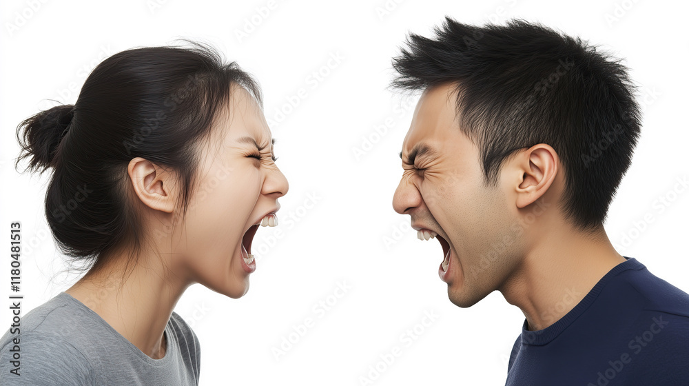 side view on adult asian couple arguing against each other isolated on solid white background side view on adult asian couple arguing against each other isolated on solid white background