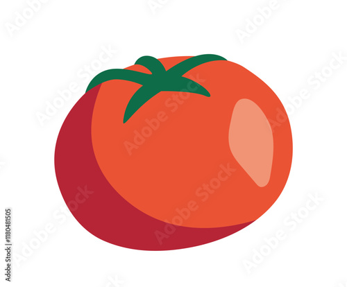 Bright red tomato with green leaves depicted in a minimalistic vector style on a white background. Represents healthy food, nature, and freshness. Vector illustration