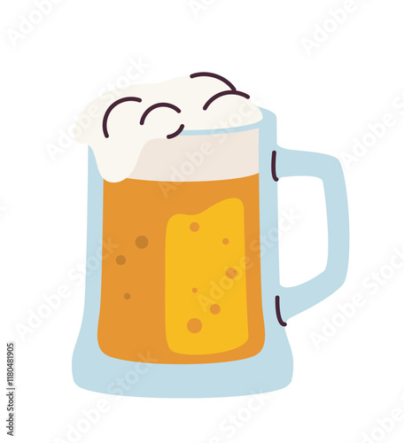 Illustration of a frothy beer mug with golden liquid and bubbles, simple flat graphic style on white background. Concept of beverages and celebration. Vector illustration