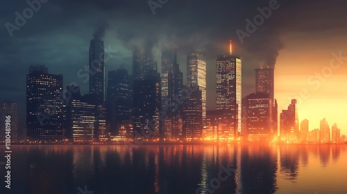 Wallpaper Mural Cityscape at Dusk:  Dramatic Skyscrapers and Golden Sunset Reflections Torontodigital.ca