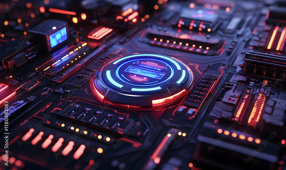 Futuristic technology background; abstract circuit board with glowing red and blue lights. Perfect for tech, gaming, or sci-fi projects. Futuristic technology background; abstract circuit board with glowing red and blue lights. Perfect for tech, gaming, or sci-fi projects.
