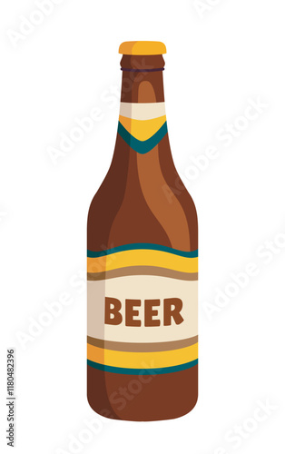 Beer bottle with a simple label design in shades of brown, yellow, and blue on a white background. Concept of beverage, drink packaging, and alcohol. Vector illustration
