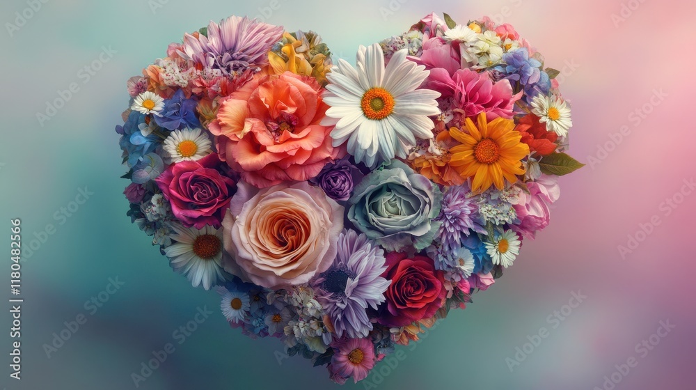 Naklejka premium Vibrant floral heart arrangement: A colorful and romantic bouquet of roses, daisies, and other flowers arranged in the shape of a heart.