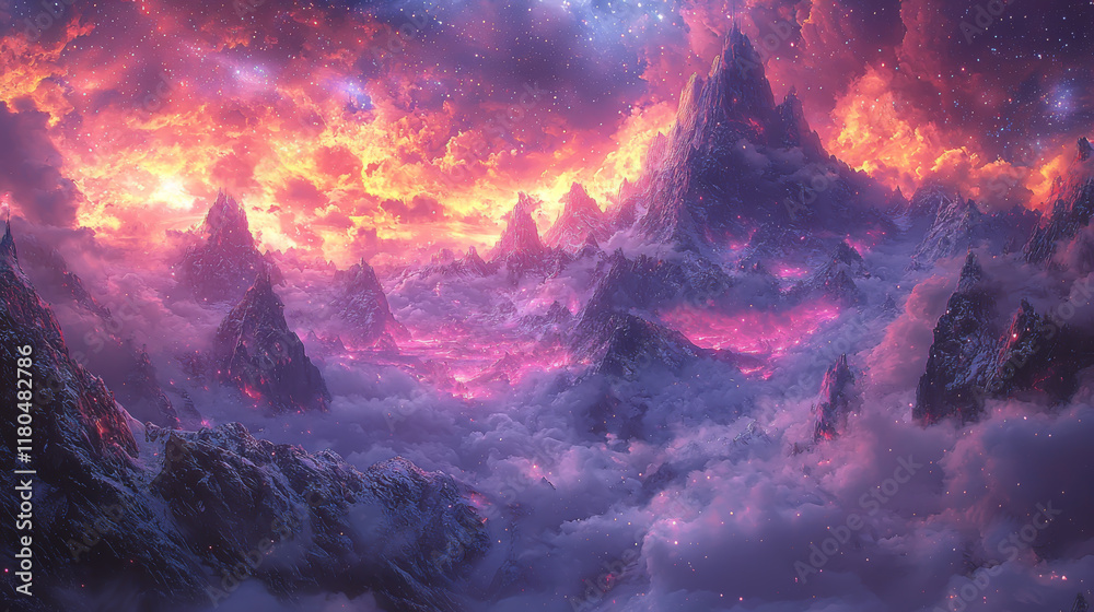 Obraz premium Fiery Peaks Rise Above a Dreamlike Cloud Sea