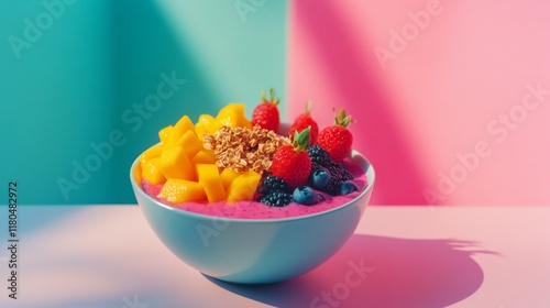 A vibrant smoothie bowl brimming with fresh mango, berries, and granola against a colorful backdrop—a refreshing start to the day. photo