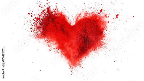 Red powder explosion forming a heart shape isolated on white background