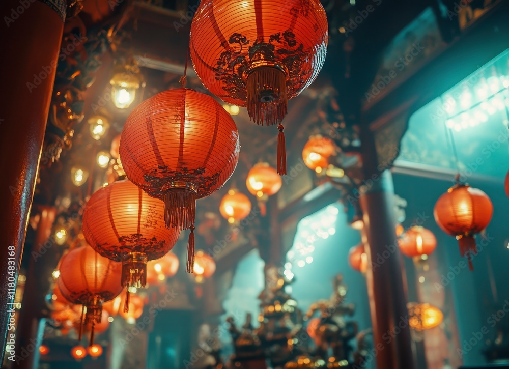Chinese red lanterns hanging in the temple, Chinese New Year background, high-resolution photography, high-quality details, professional color grading, soft shadows, low contrast, clean sharp focus Chinese red lanterns hanging in the temple, Chinese New Year background, high-resolution photography, high-quality details, professional color grading, soft shadows, low contrast, clean sharp focus