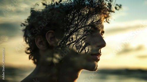 Sunset Serentity: A Double Exposure Portrait of Inner Peace photo