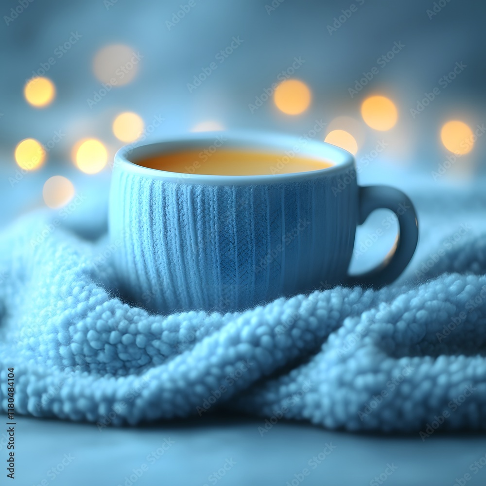 Cozy blue teacup on soft blanket with warm lights. Cozy blue teacup on soft blanket with warm lights.