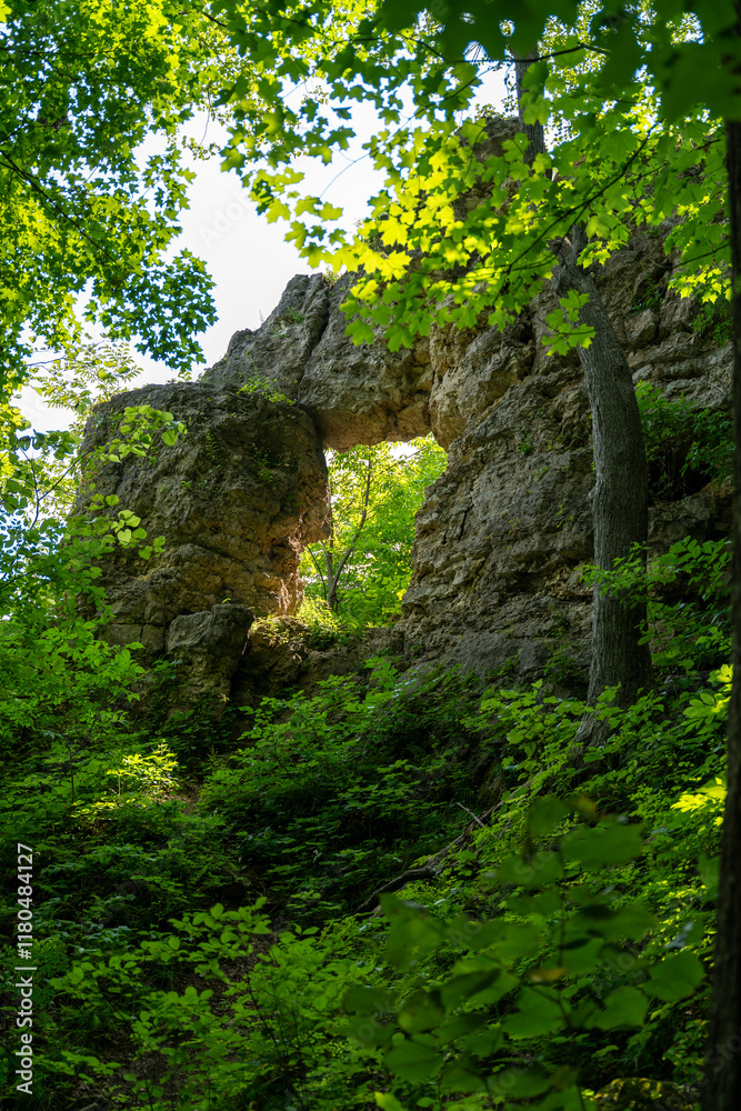Natural Rock Archway Surrounded by Greenery in Frontenac State Park. Natural Rock Archway Surrounded by Greenery in Frontenac State Park.
