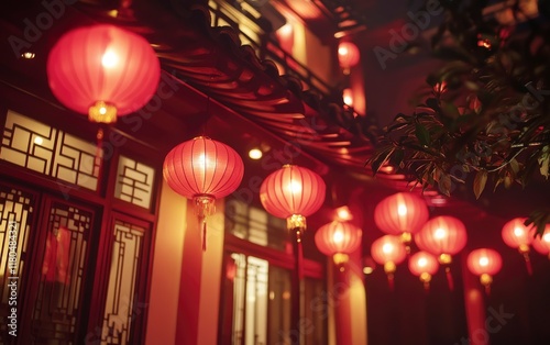 Chinese-style architecture, with red lanterns hanging from the eaves at night, a simple background, and a New Year's atmosphere. The red theme is captured through the use of a telephoto lens photo