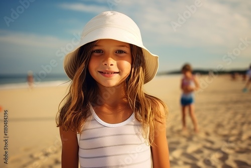 portrait of a beautiful little girl on the beach, summer vacation