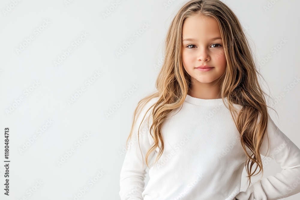 Portrait of a cute child with long brown hair wearing white clothing