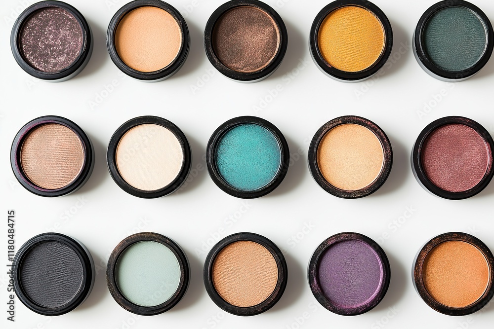 Jars of colorful makeup eyeshadows, top view, isolated on a white background Jars of colorful makeup eyeshadows, top view, isolated on a white background