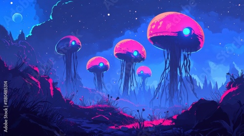 Alien Jellyfish Fungi Illuminate a Nighttime Landscape