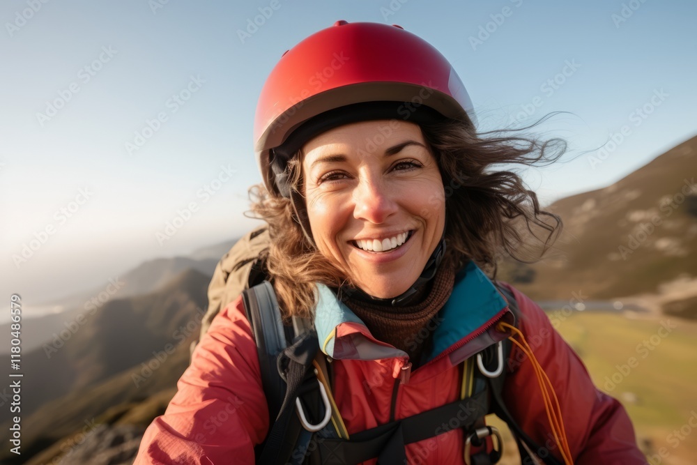 Close-up portrait of a smiling woman hiker in a red helmet on a mountain top