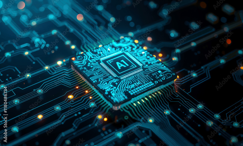 glowing AI chip processor on circuit board, showcasing advanced technology and innovation in computing. intricate design highlights complexity and precision of modern electronics glowing AI chip processor on circuit board, showcasing advanced technology and innovation in computing. intricate design highlights complexity and precision of modern electronics
