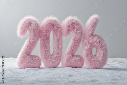  a large and fluffy light pink figure 2026 with a background from light gray, and the 2026 is made of soft neat plush material