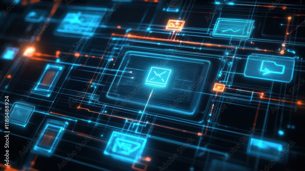 Futuristic digital interface transmitting email messages online through an intricate electronic circuit board, highlighting glowing icons and dynamic data streams for seamless communication