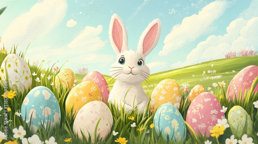 Fototapeta premium Easter Bunny Amidst Colorful Decorated Eggs In Grass