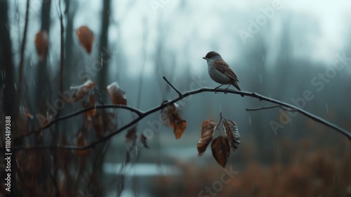 A lone sparrow perched on a bare, wet branch amid softly falling rain, capturing a quiet moment in nature's embrace.