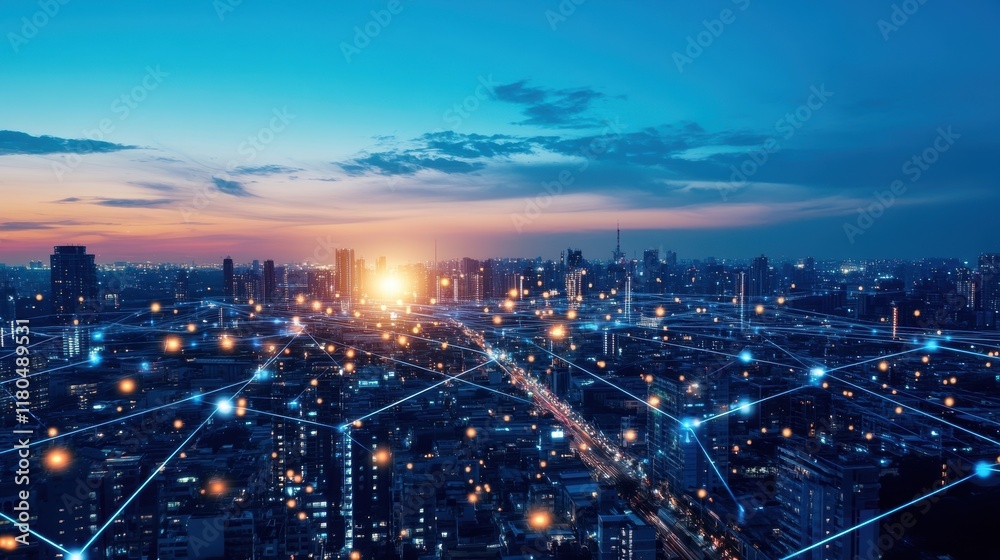 Fototapeta premium Illuminated network connecting buildings and infrastructure in a smart city at sunset, symbolizing interconnectedness, communication, and technological advancement in urban development