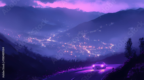 Purple car drifts in mountain pass city lights shimmer below misty air glowing. Nightglow. Illustration