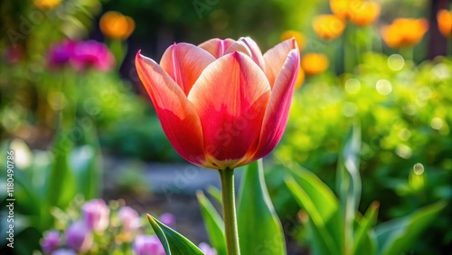 A close-up of a single tulip bloom with its cup-shaped petals and slender stem in a garden bed surrounded by greenery, flowers in field, flower