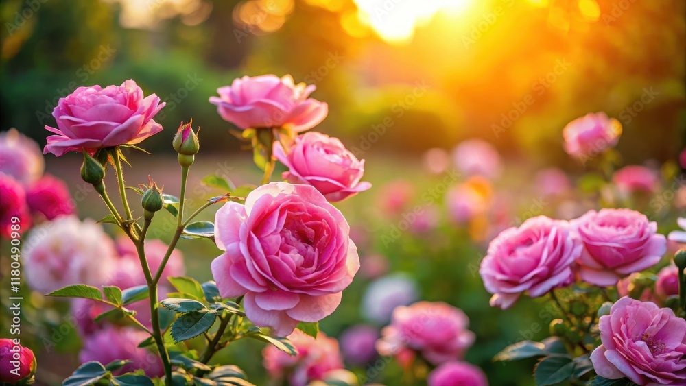 Colorful pink rose flowers blooming in a garden at sunset, gardening Colorful pink rose flowers blooming in a garden at sunset, gardening