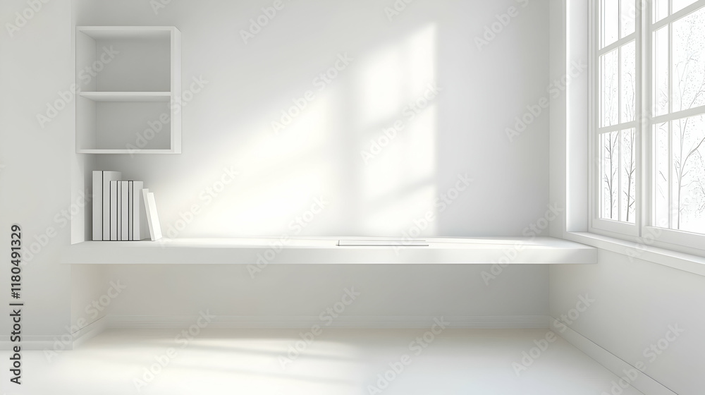 Fototapeta premium Modern minimalist study nook, sunlight streams in through window, books on shelf.