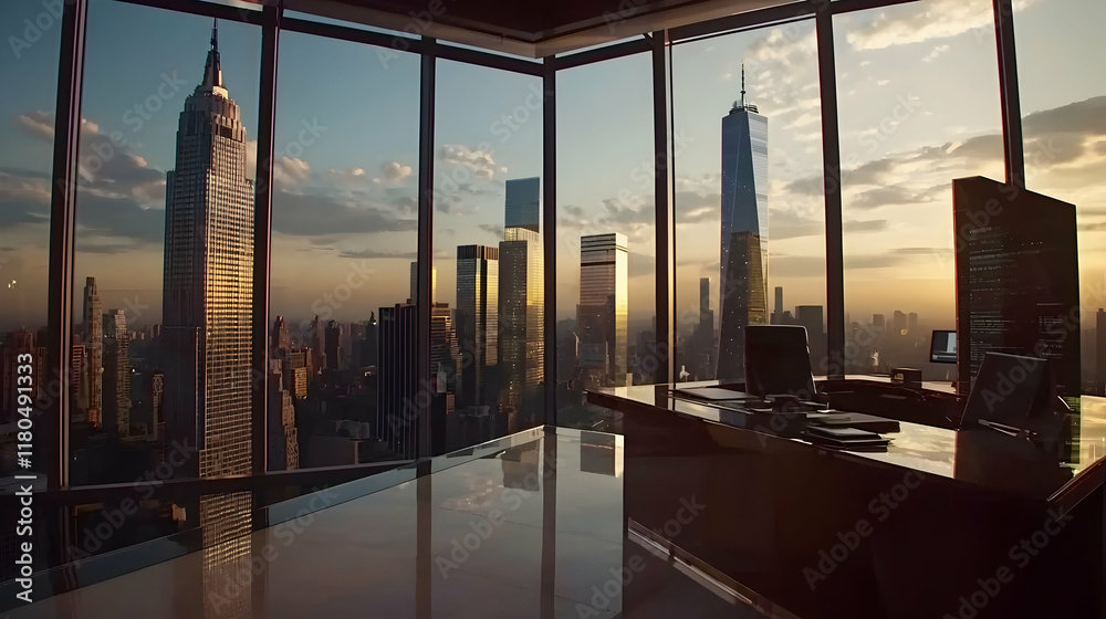 Fototapeta premium High-rise office with city skyline view at sunset.