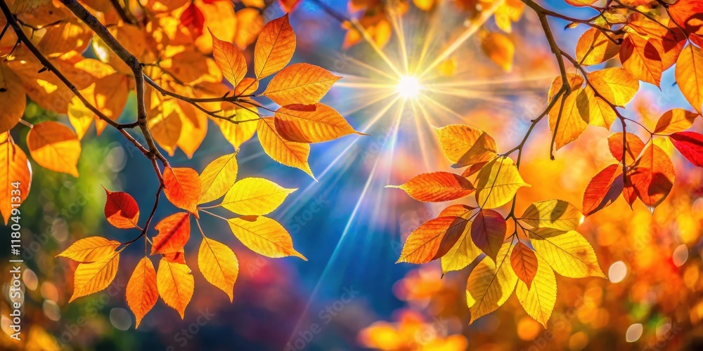 A warm sun shines through the vibrant colors of autumn leaves on a tree branch A warm sun shines through the vibrant colors of autumn leaves on a tree branch