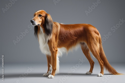 arafed dog standing in front of a gray background photo