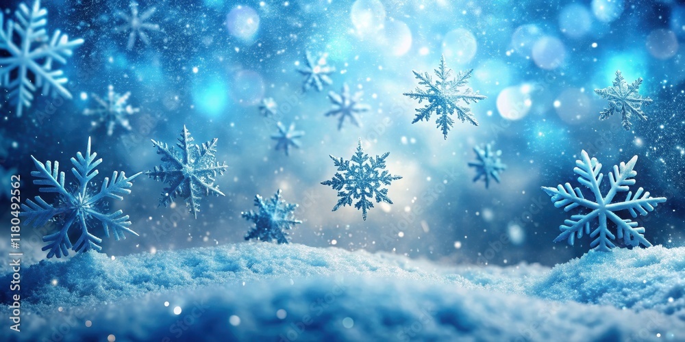 Sparkling blue snowflakes gently fall on a frosty winter landscape, natural beauty Sparkling blue snowflakes gently fall on a frosty winter landscape, natural beauty