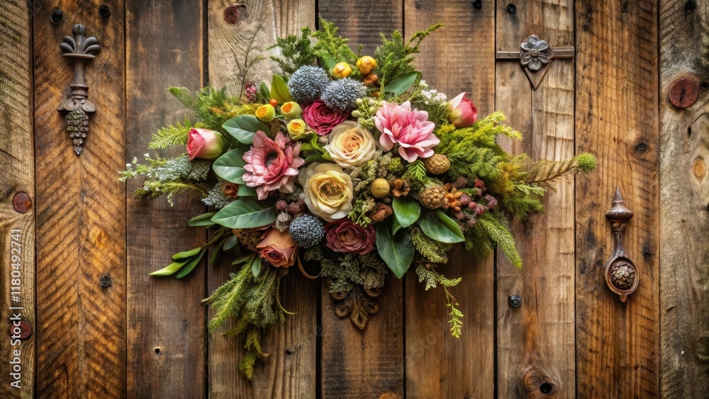 Fototapeta premium Ancient, ornate, floral arrangement on a worn wooden wall , decorative, nature-inspired, decorative, nature-inspired