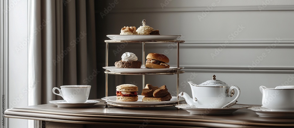 Obraz premium Afternoon tea with cakes and tea pot on table.