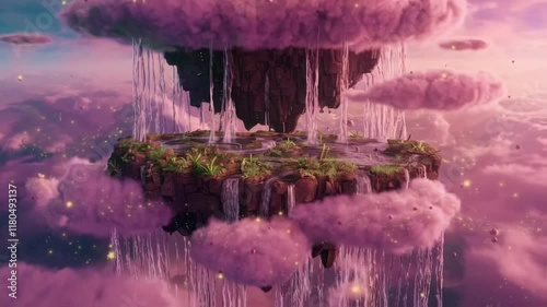 A massive island floats in the sky, with streams of water cascading downward like clouds. The island's surface is covered with small waterfalls and vibrant green plants.