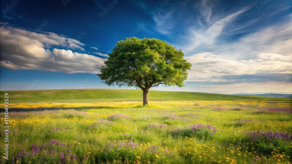 Fototapeta premium A solitary tree stands in a vast, open landscape surrounded by lush greenery and wildflowers , wilderness