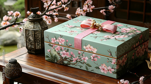 Ornate gift box with cherry blossom design on wooden table in a traditional garden setting.