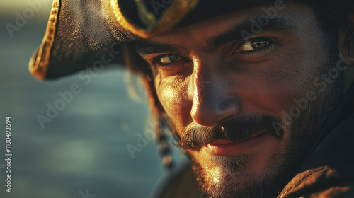 Pirate Captain Portrait with Sunlit Face, Golden Age Adventure at Pirate Festival, Ai Generated Images photo