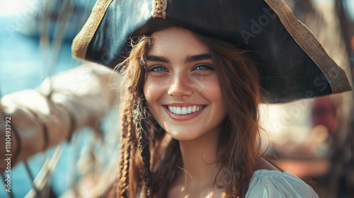 Happy Pirate Woman at Pirate Festival, Sea Captain with Tricorn Hat and Braids, Smiling Girl in Ocean Background, Ai Generated Images photo